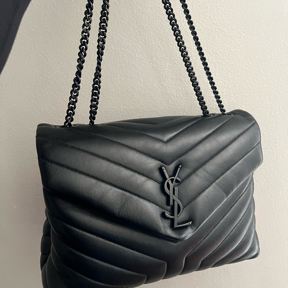 Yves Saint Laurent Black Lou Lou Chevron Shoulder Bag Medium